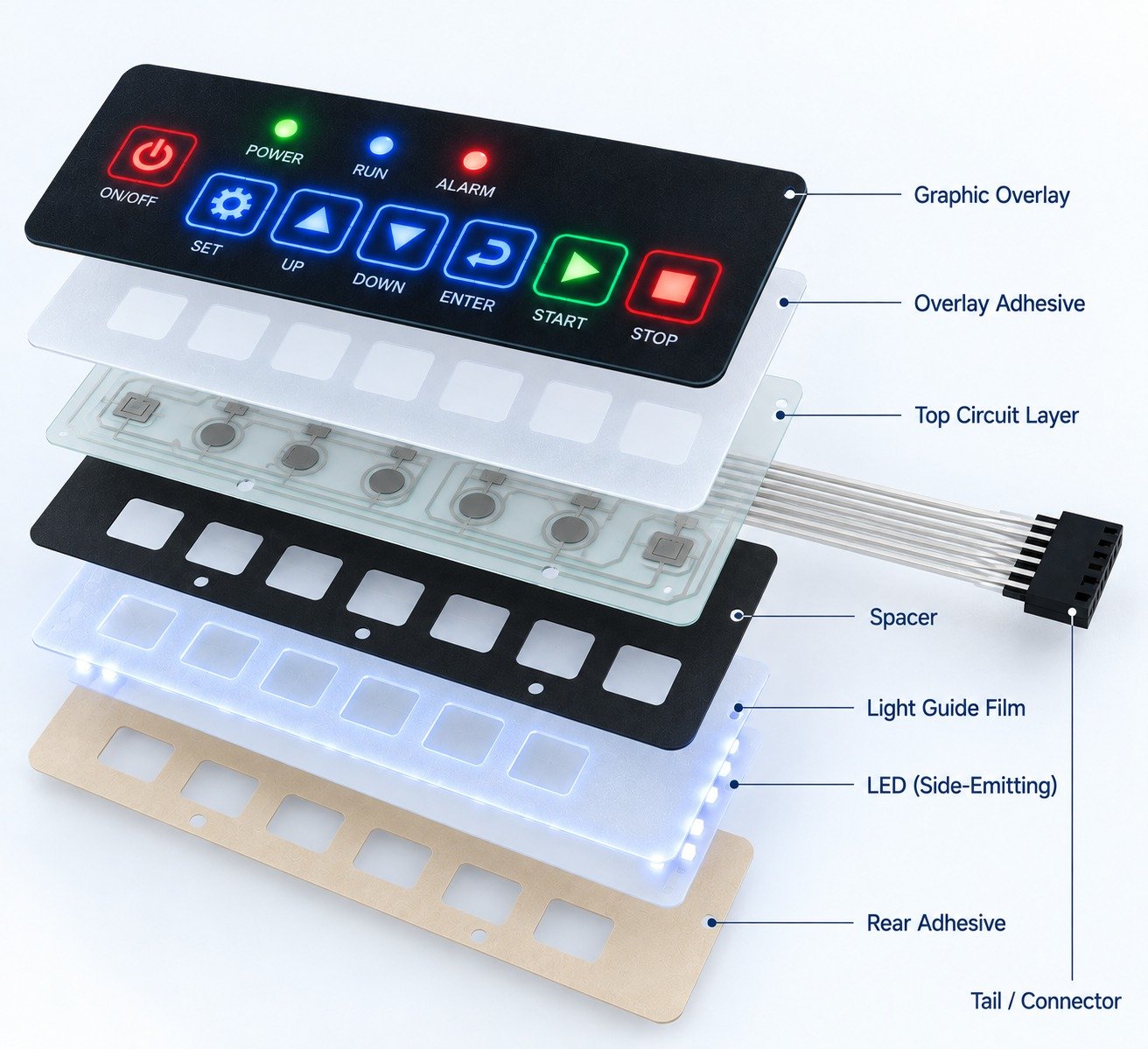 Custom membrane keypad with illuminated key legends