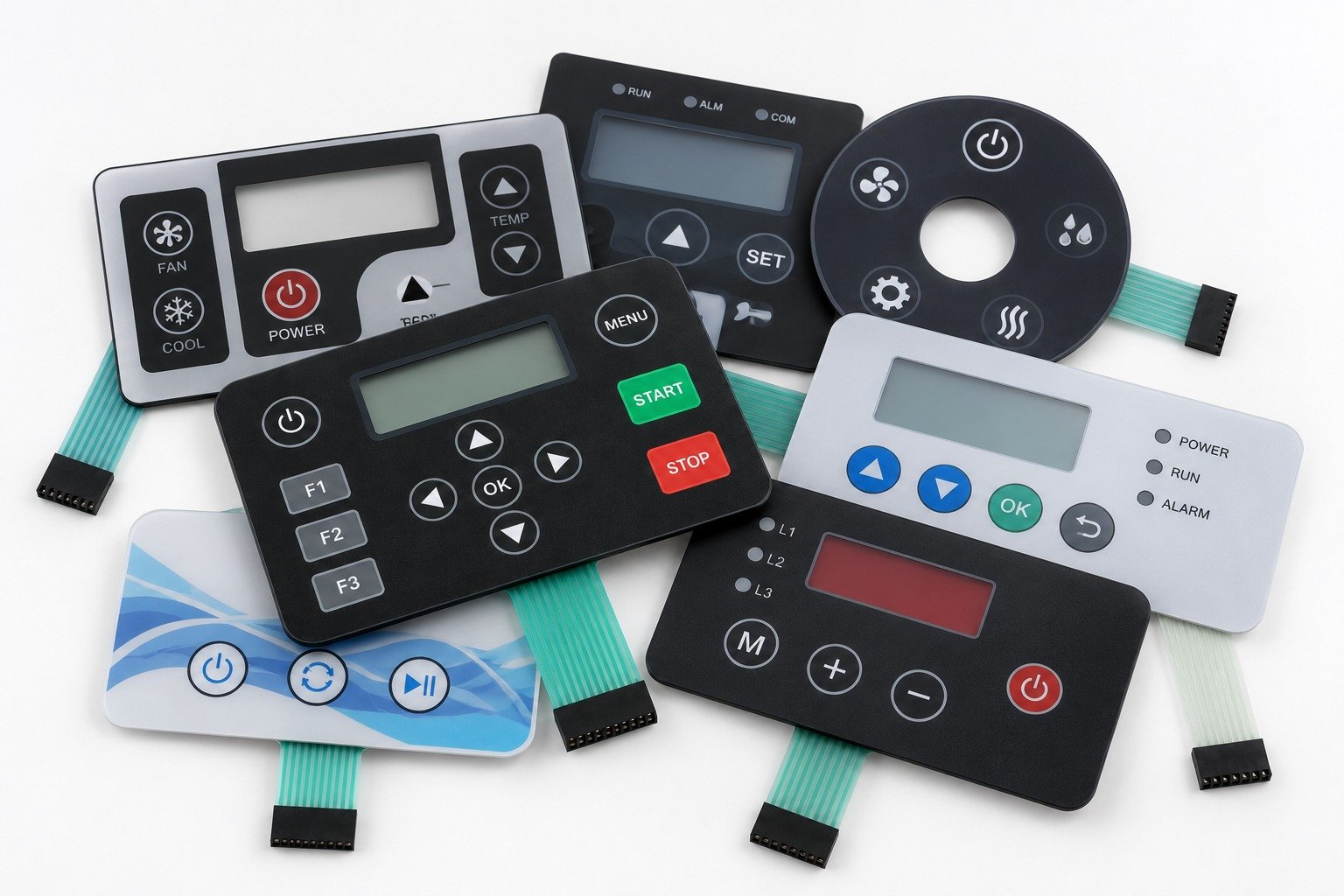 Flat non-tactile membrane switch cross section with overlay spacer circuit tail and connector