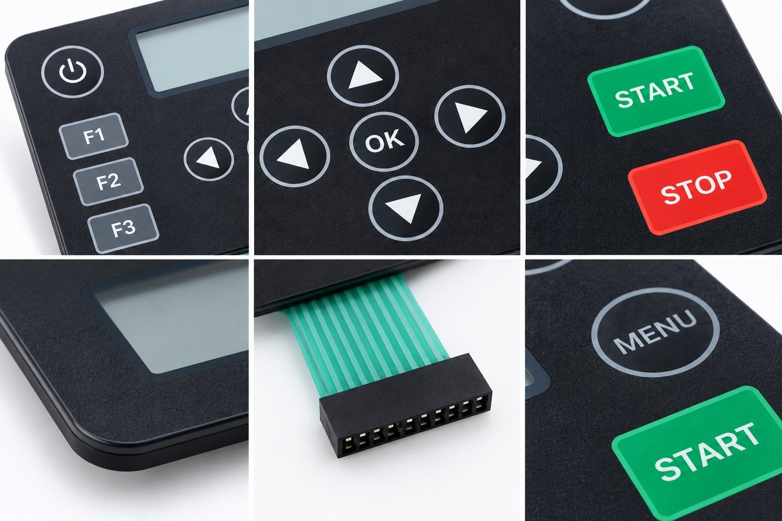 Flat membrane switch layers with overlay spacer circuit and flexible tail