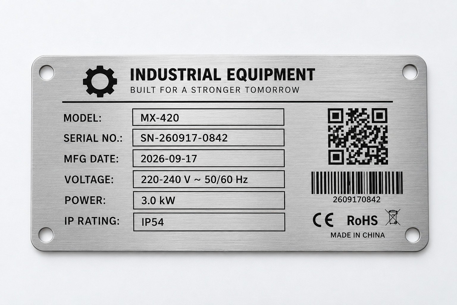 Custom rating plates with technical data and mounting holes